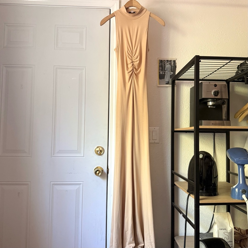 RIOT SWIM tan knit mock neck sleeveless cutout back backless swim maxi dress‎